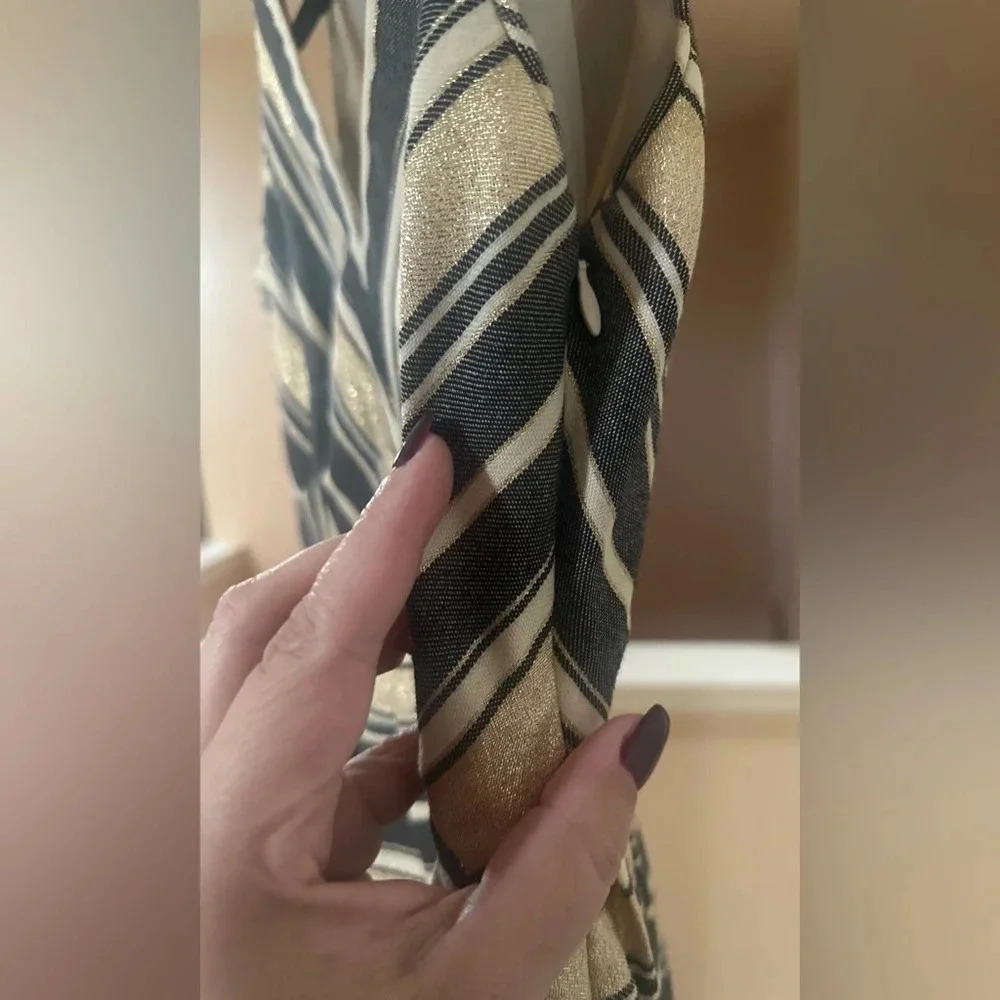 NWOT-J CREW Factory Holiday Gold Gray V Neck Striped Mini Dress. Size 4 Petite - Picture 7 of 13
